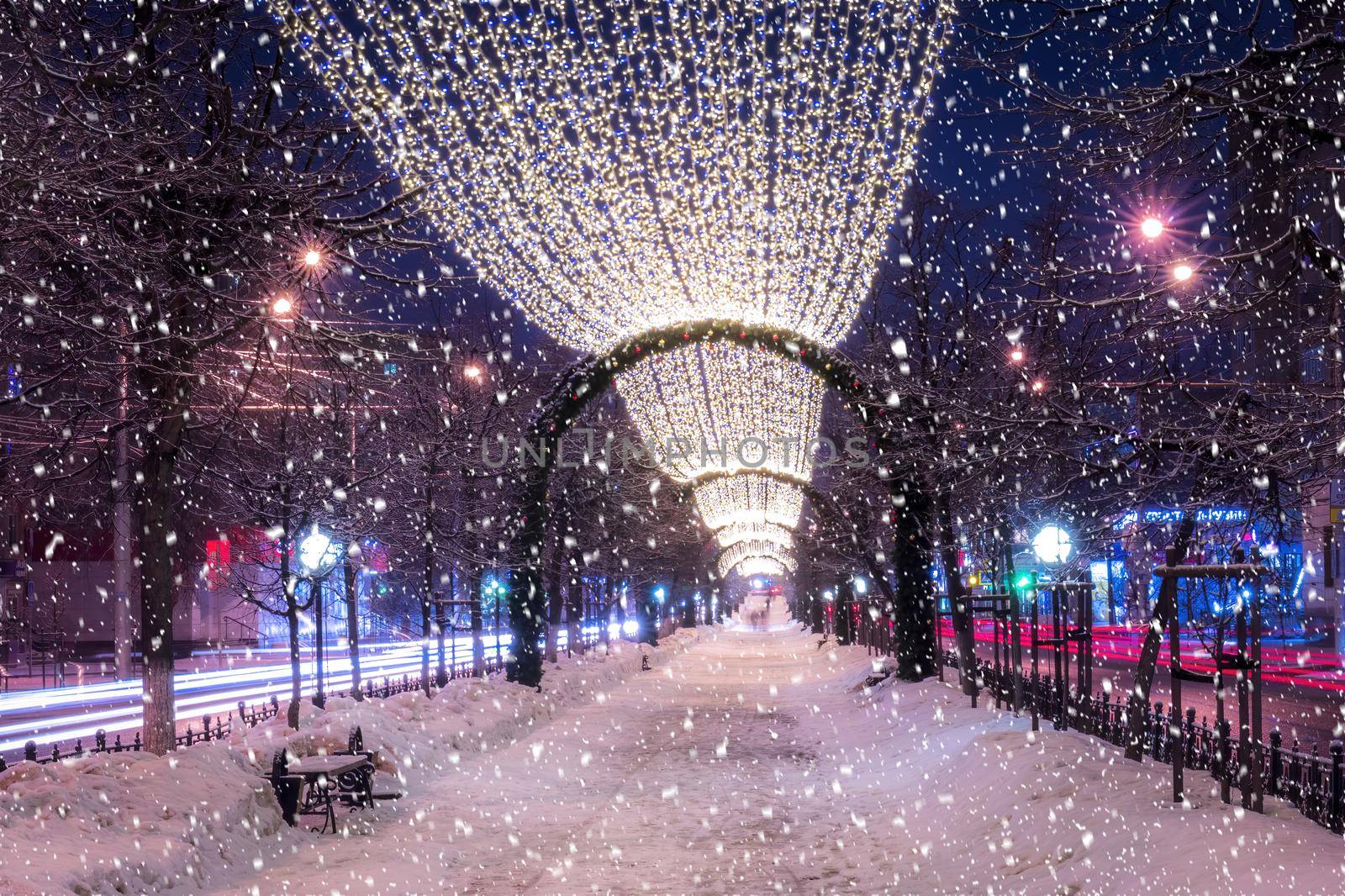 Snowfall in a winter park at night with christmas decorations, lights and  pavement covered with snow. by Eugene_Yemelyanov