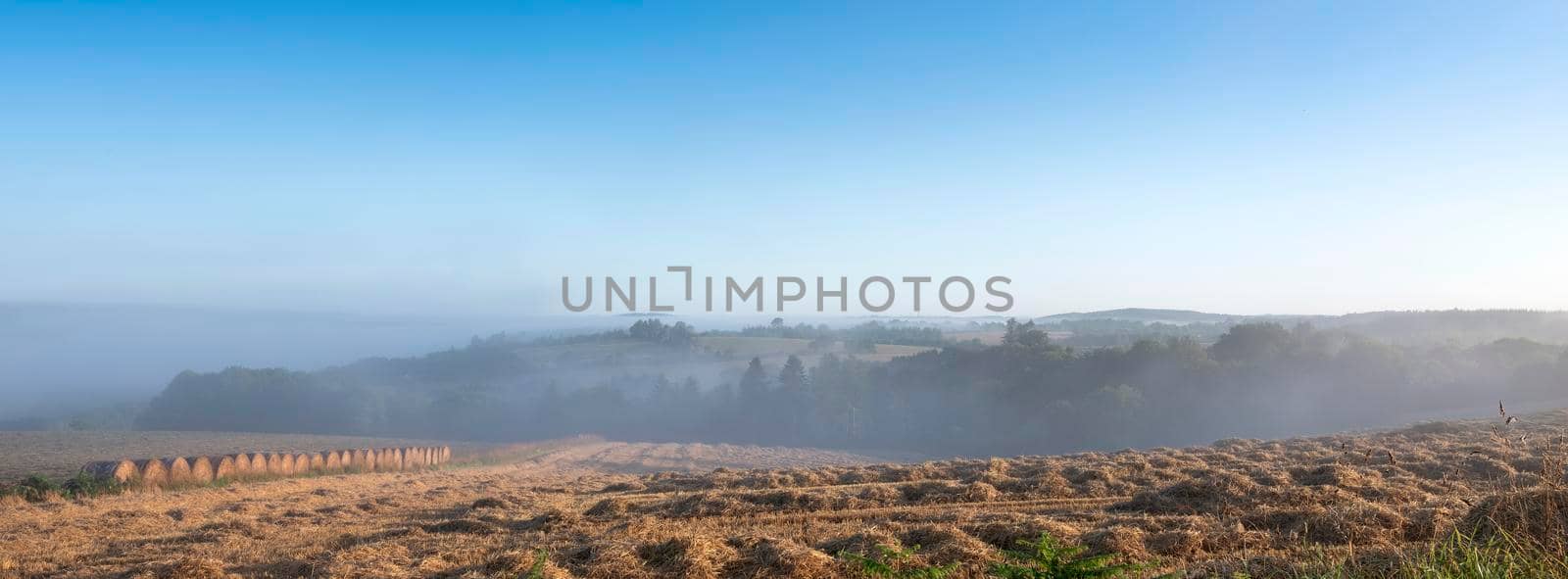 rural countryside landscape of central brittany near Parc naturel régional d'Armorique on early misty summer morning in france