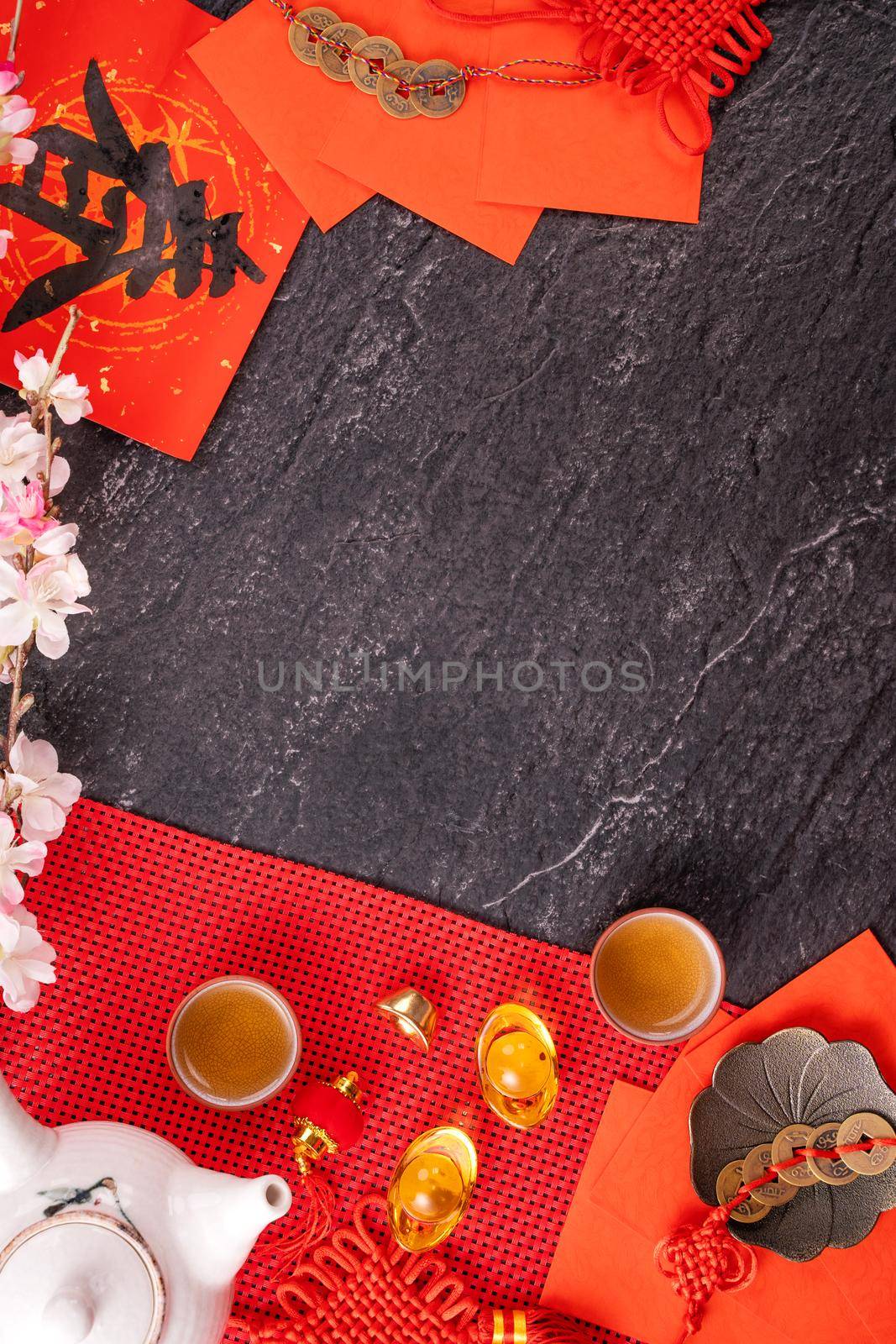 Design concept of Chinese lunar January new year - Festive accessories, red envelopes (ang pow, hong bao), top view, flat lay, overhead above. The word 'chun' means coming spring. by ROMIXIMAGE