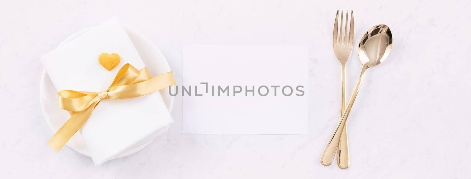 Valentine's Day meal design concept - Romantic plate dish set isolated on marble white background for restaurant holiday celebration promo, top view, flat lay.