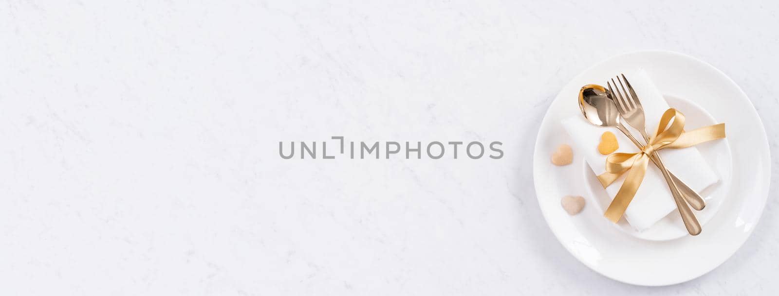 Valentine's Day meal design concept - Romantic plate dish set isolated on marble white background for restaurant holiday celebration promo, top view, flat lay.