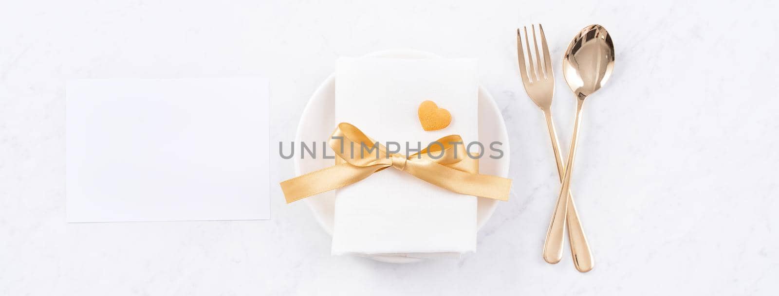 Valentine's Day meal design concept - Romantic plate dish set isolated on marble white background for restaurant holiday celebration promo, top view, flat lay. by ROMIXIMAGE