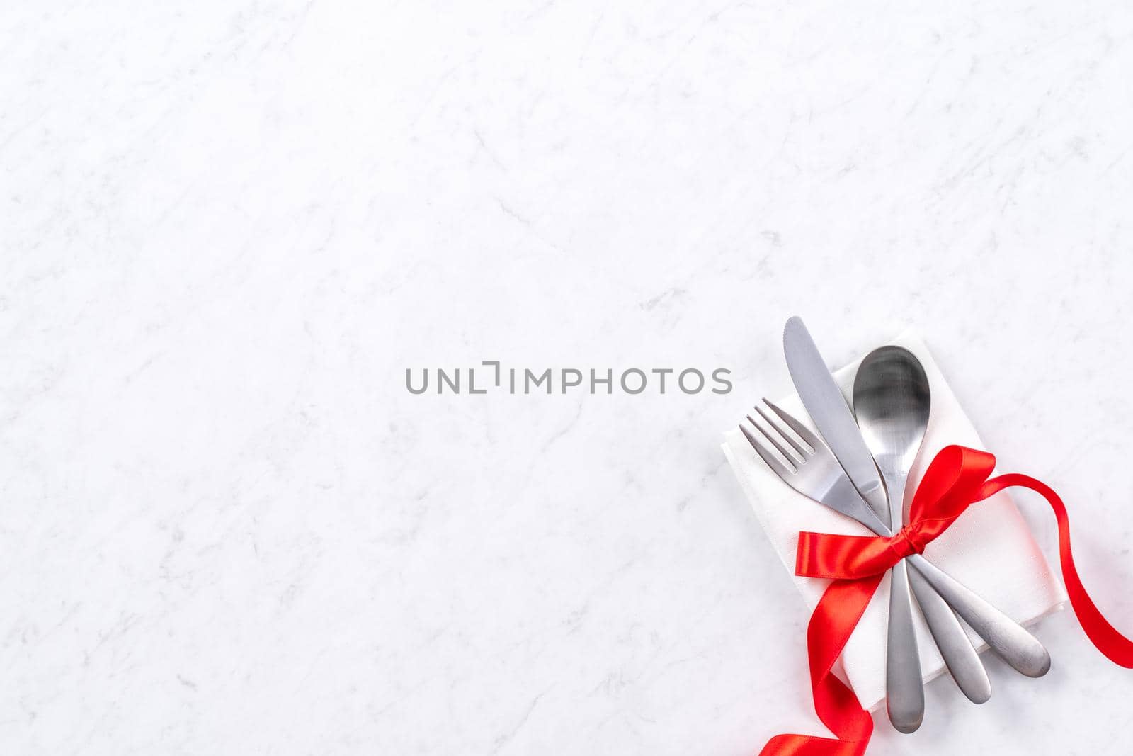 Valentine's Day meal design concept - Romantic plate dish set isolated on marble white background for restaurant holiday celebration promo, top view, flat lay.