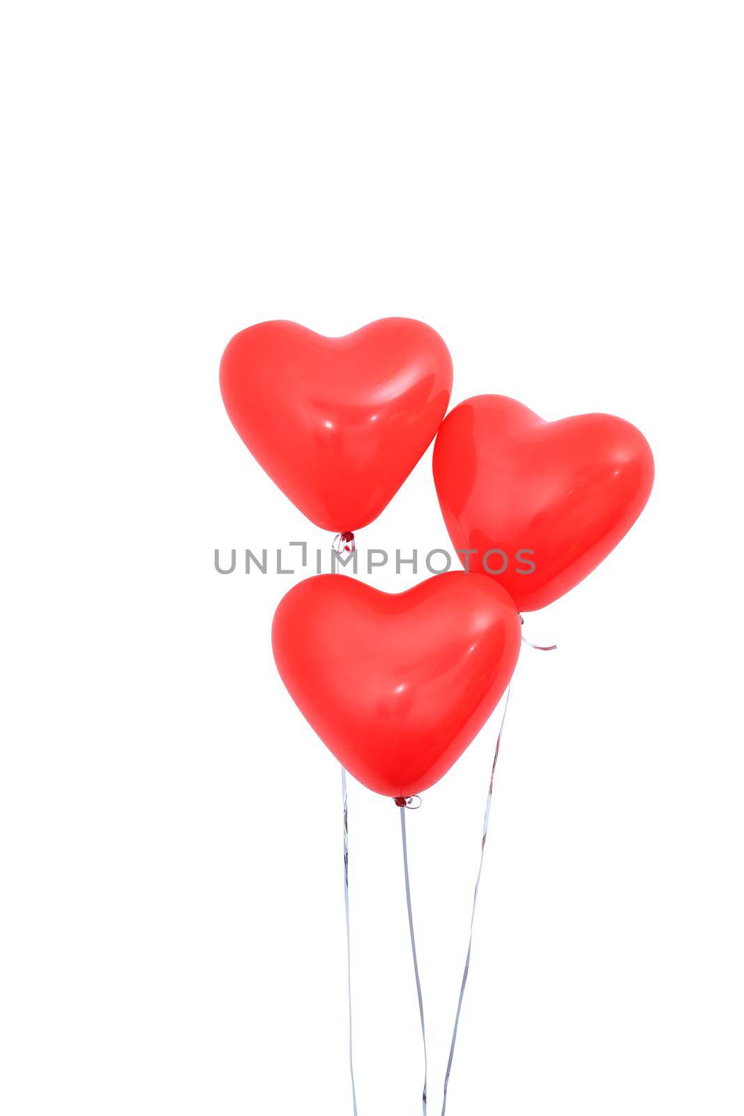 Red heart shaped helium balloon isolated on white background with ropes, Valentine's day, Mother's day, birthday party design concept. Clipping path.