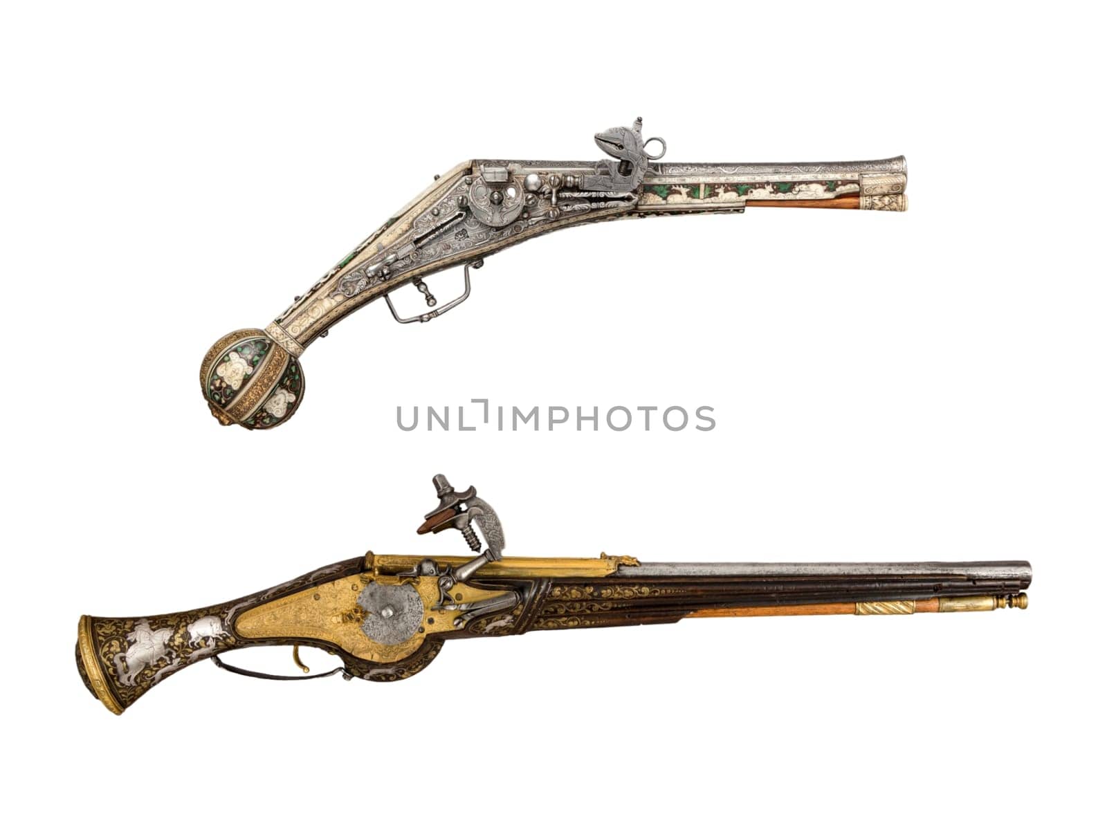 antique, vintage handguns from the 17th century. isolated background