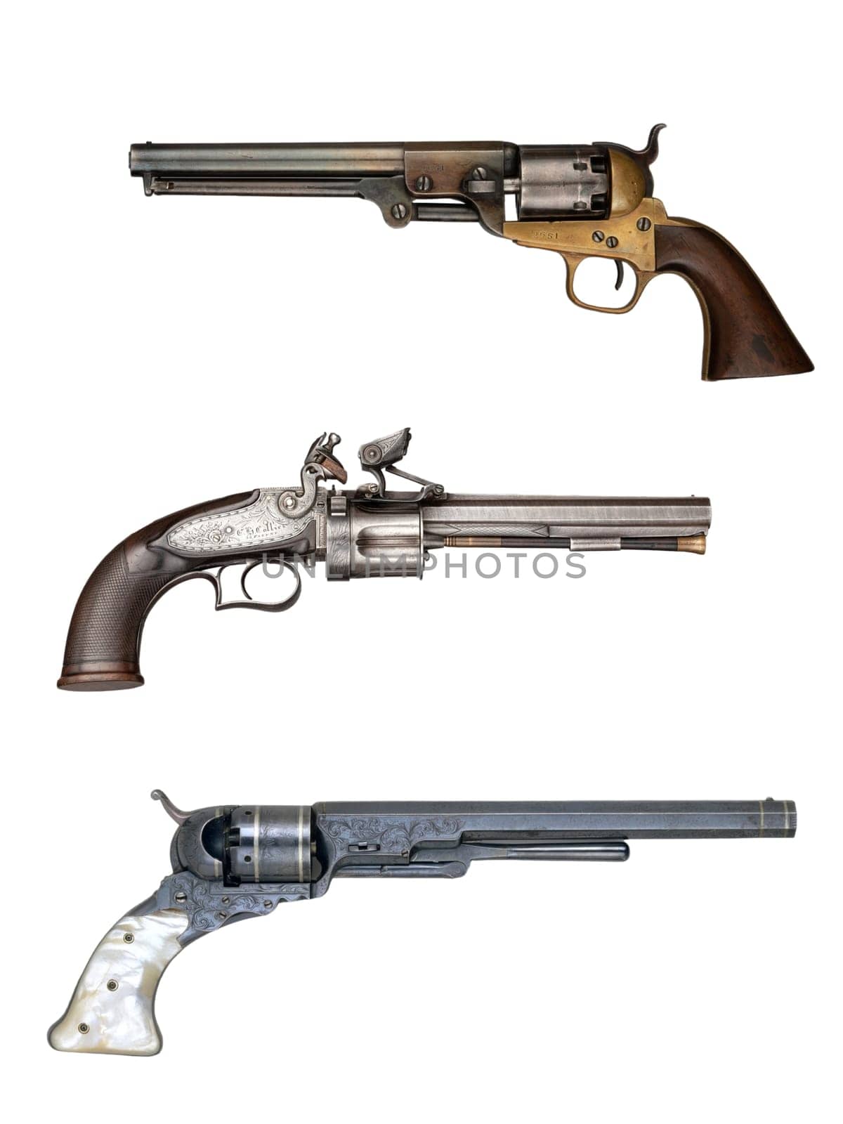 antique vintage handguns isolated background by gallofoto