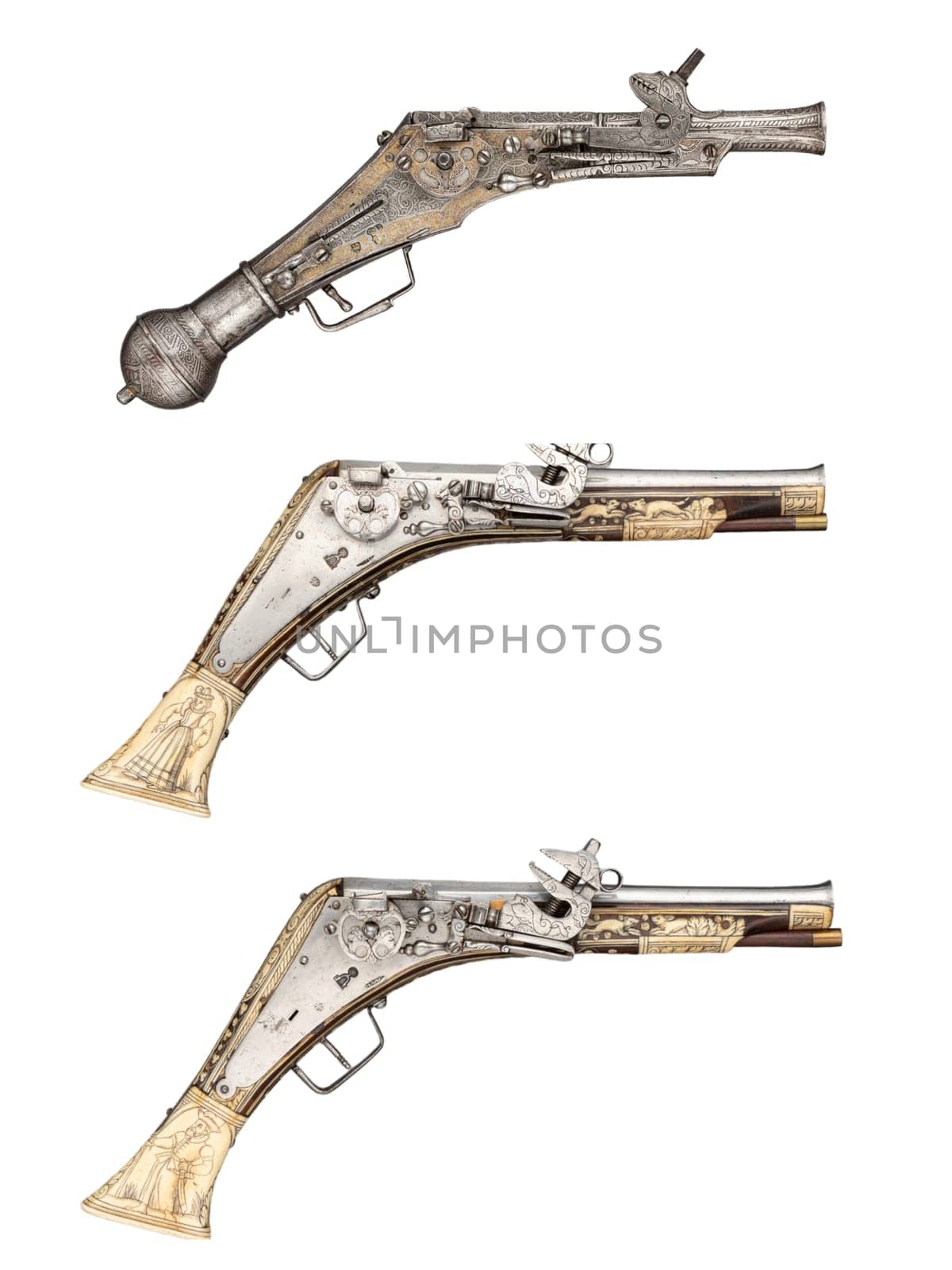 antique, vintage handguns from the 17th century. isolated background