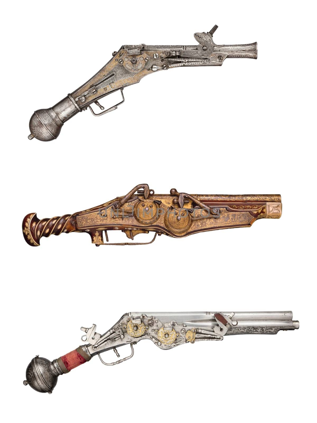 antique, vintage handguns from the 17th century. isolated background