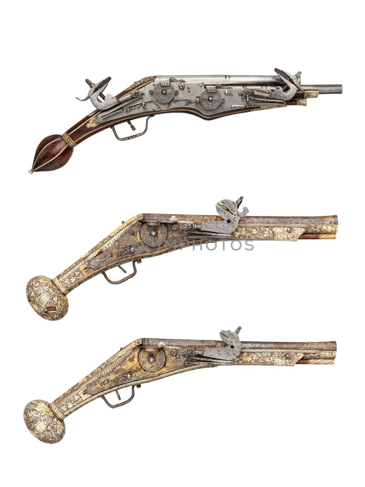 antique, vintage handguns from the 17th century. isolated background