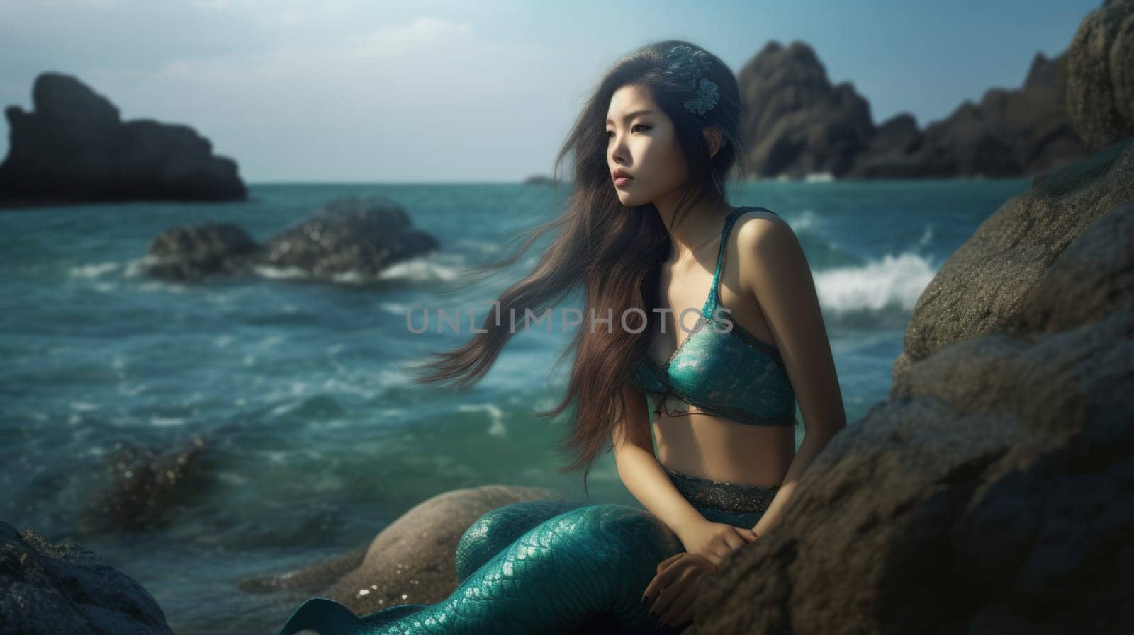 Beautiful Asian young girl with long hair, in a mermaid costume, sits on rock, looking at the side of the sea. Ai generative