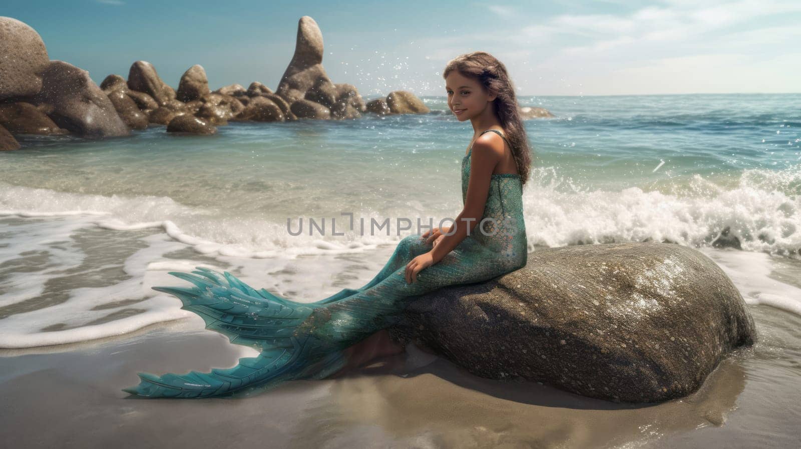 Young girl , in a mermaid costume and crown, sits on the beach, near the sea, looking at the side . Ai generative