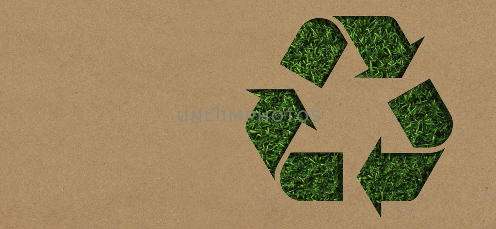 Grass, mockup and cardboard with recycle arrow for sustainability, environment and package pollution. Recycling, earth day and energy with eco friendly sign for reusable, clean energy and nature by YuriArcurs