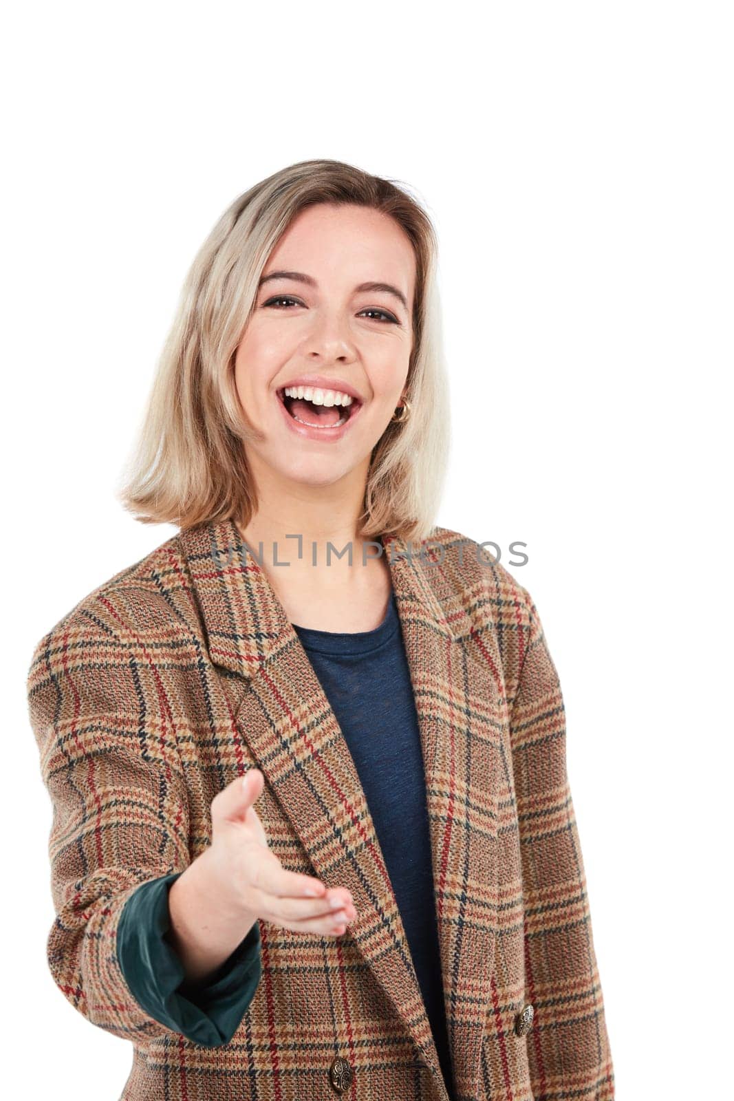 Handshake, welcome or hello with business woman in portrait, introduction and onboarding isolated on white background. Corporate recruitment, trust and communication with shaking hands in interview.