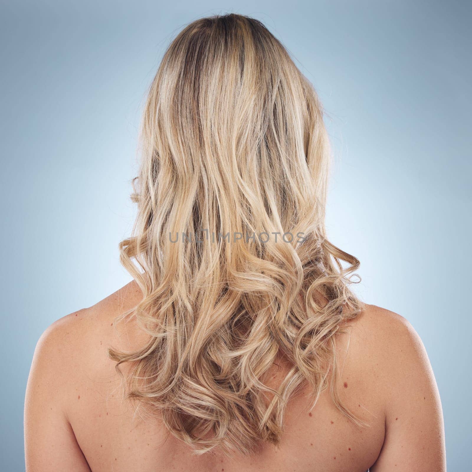 Hair care, back and beauty of woman in studio isolated on a gray background. Keratin, cosmetics and female model with curly hairstyle after salon treatment for growth, texture or blonde balayage