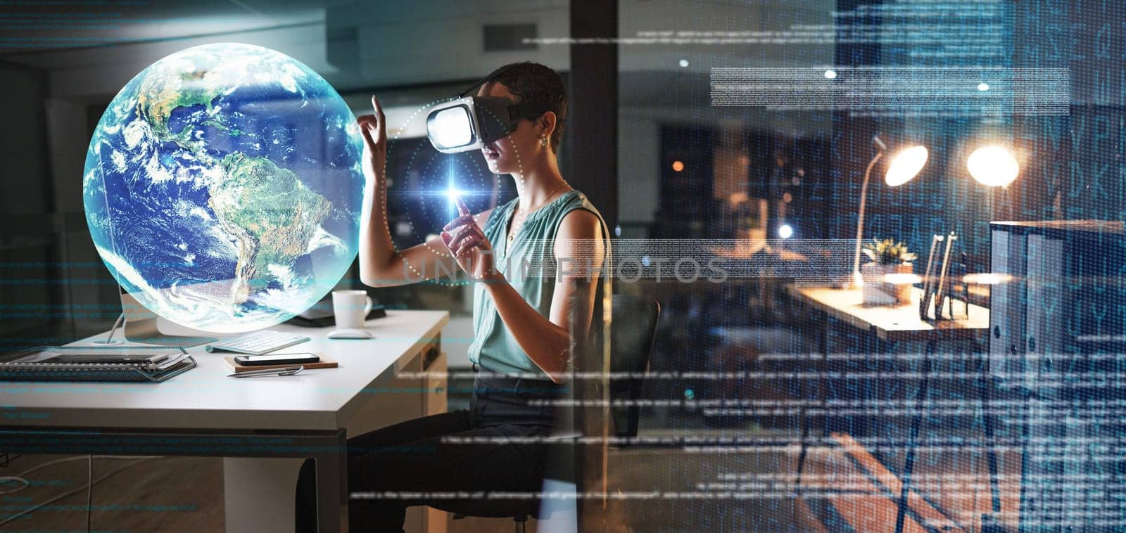 Woman, office and night with vr headset, hologram earth or web design planning for global cybersecurity. Developer, augmented reality glasses or futuristic cloud computing at desk with software globe.