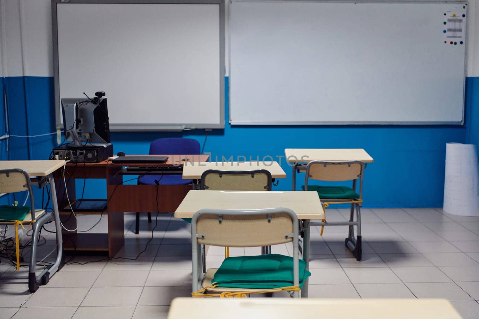 Empty chairs in classrom. Modern furniture. Interior of cafe. Conference hall. by dotshock