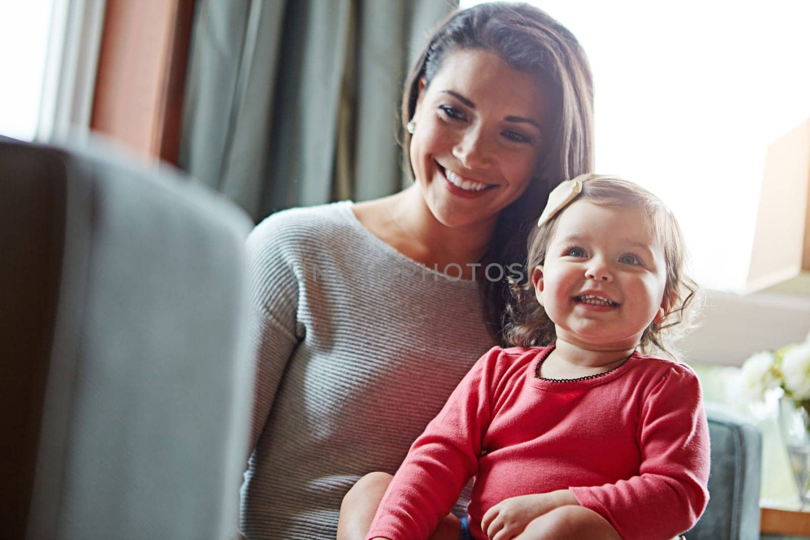 Relax, happy and smile with mother and baby on sofa for bonding, quality time and child development. Growth, support and trust with mom and daughter in family home for health, connection and care by YuriArcurs