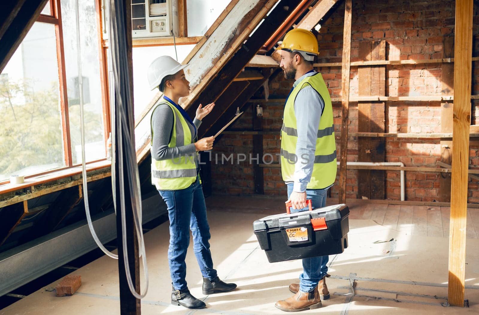 Construction, teamwork and planning with an engineer and designer working together on a building site. Meeting, strategy and engineering with a construction worker team talking about a project.