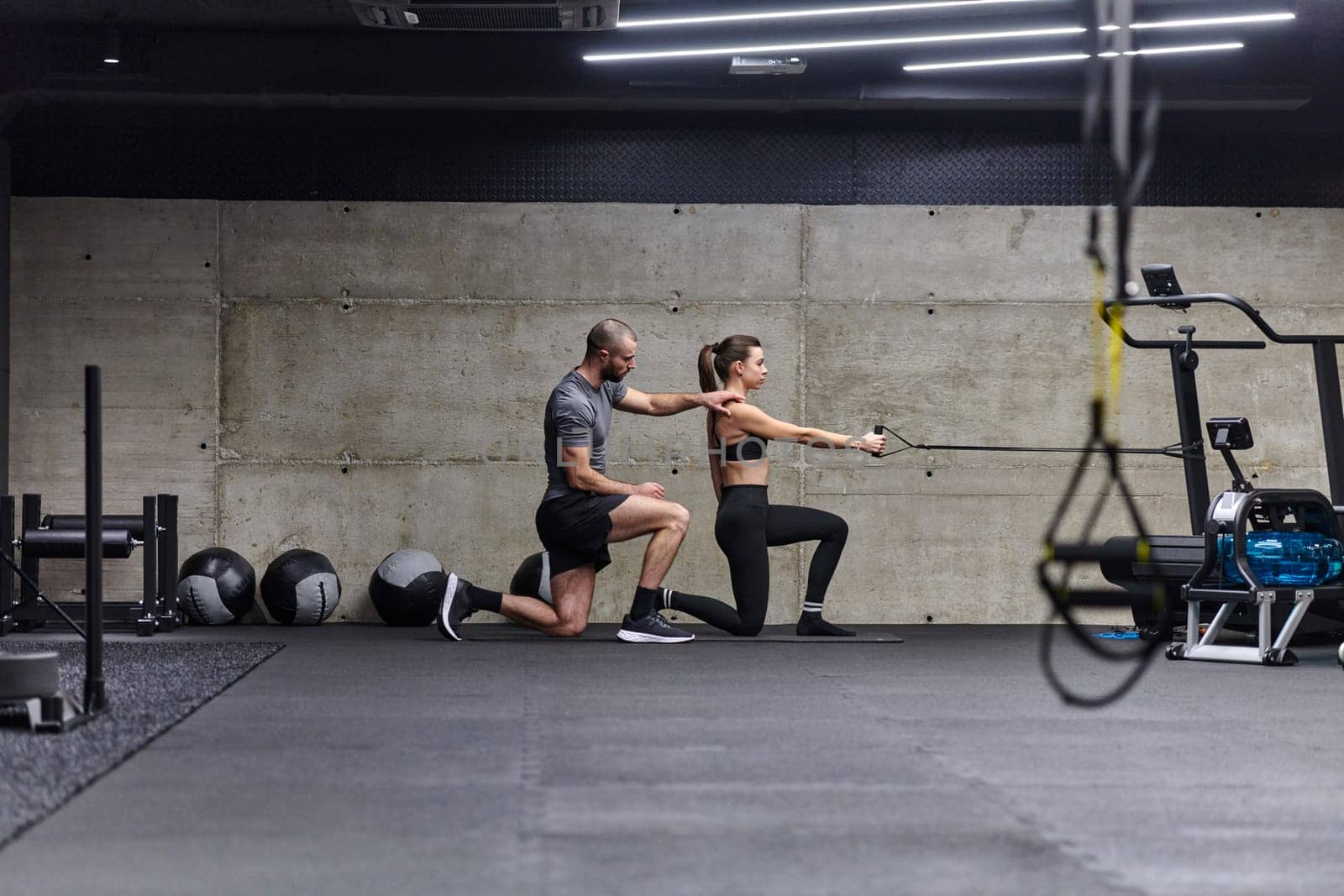 A muscular man assisting a fit woman in a modern gym as they engage in various body exercises and muscle stretches, showcasing their dedication to fitness and benefiting from teamwork and support.