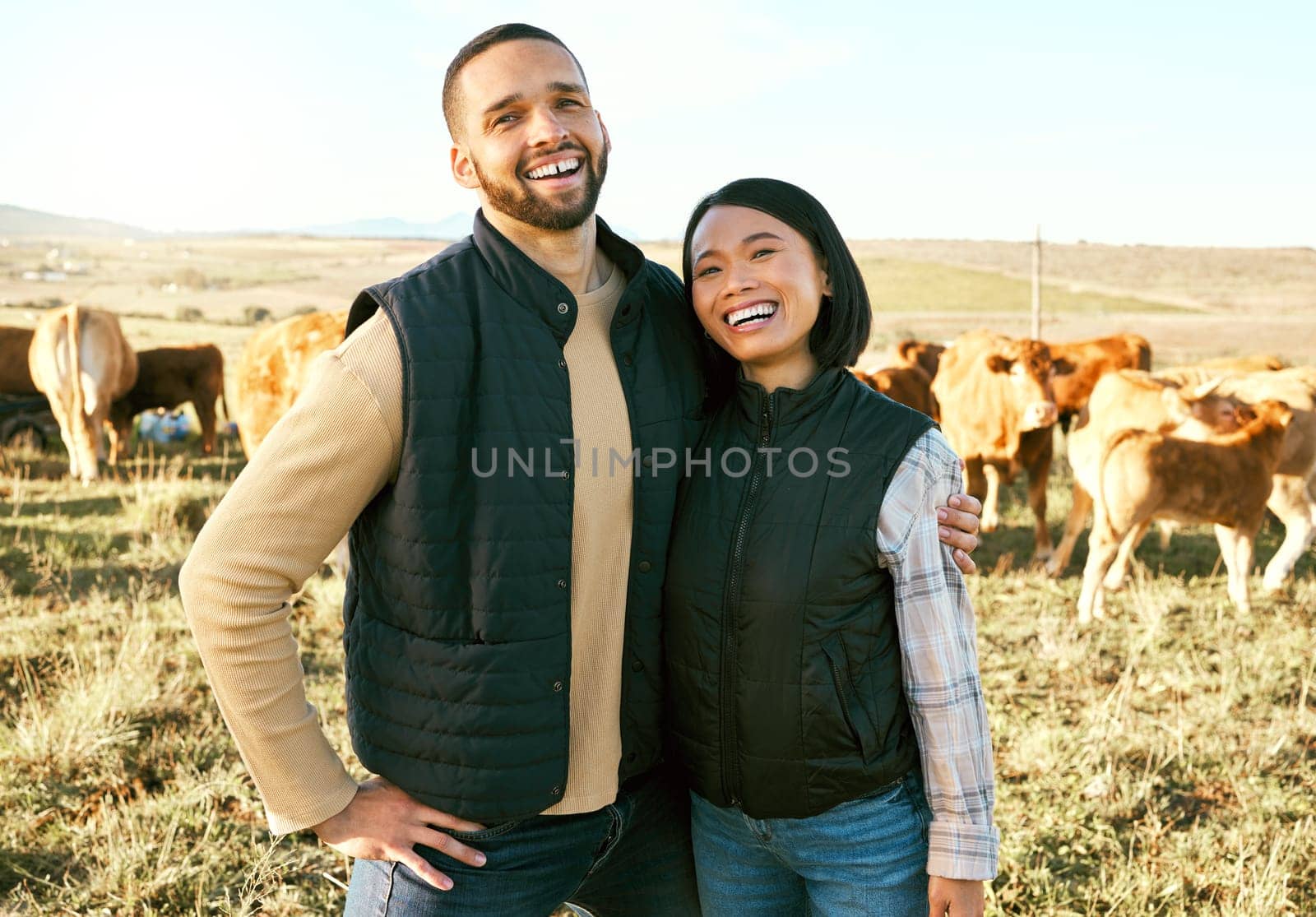 Portrait, farm and couple on cattle farm, smile and happy for farming success, agro and agriculture. Farmer, man and woman hug on grass field with livestock, excited for sustainability business.
