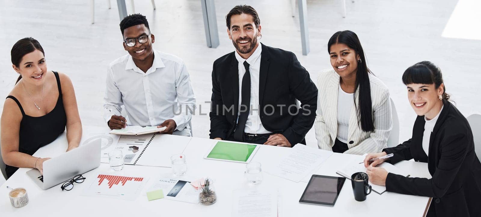 Business people, team and happiness portrait for planning finance report, sales presentation or financial management. Teamwork, happy corporate meeting and startup reports analysis for target goals.