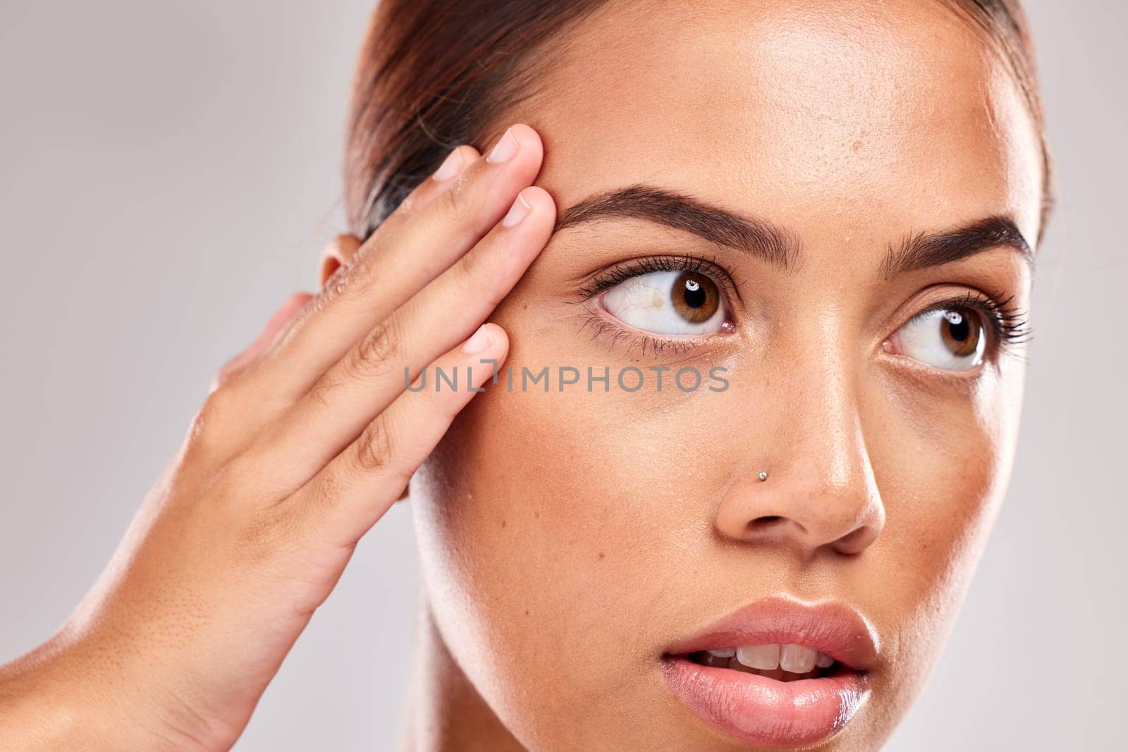 Black woman model, nose ring or skincare face for facial beauty, wellness or natural cosmetic makeup in studio. Healthy skin, luxury health or young girl for healthcare cosmetics product or spa by YuriArcurs