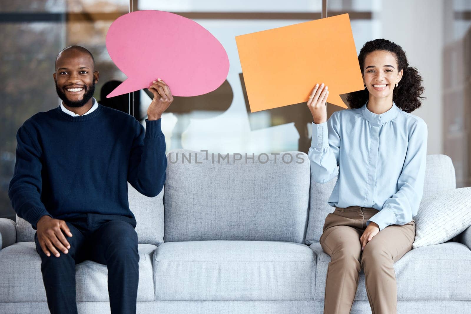 Marriage counseling, session or speech bubble with a married couple on a sofa in a psychologist office for talking. Portrait, communication or psychology with a man and woman holding empty copy space.