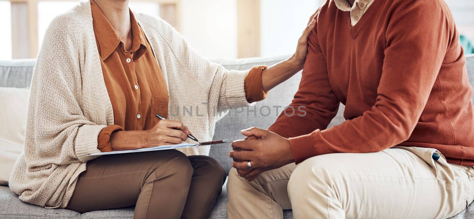 Therapist woman clipboard, man closeup and listen, question and support for mental health. Psychologist conversation with black man, consultation for healthy mind and deal with anxiety or depression.