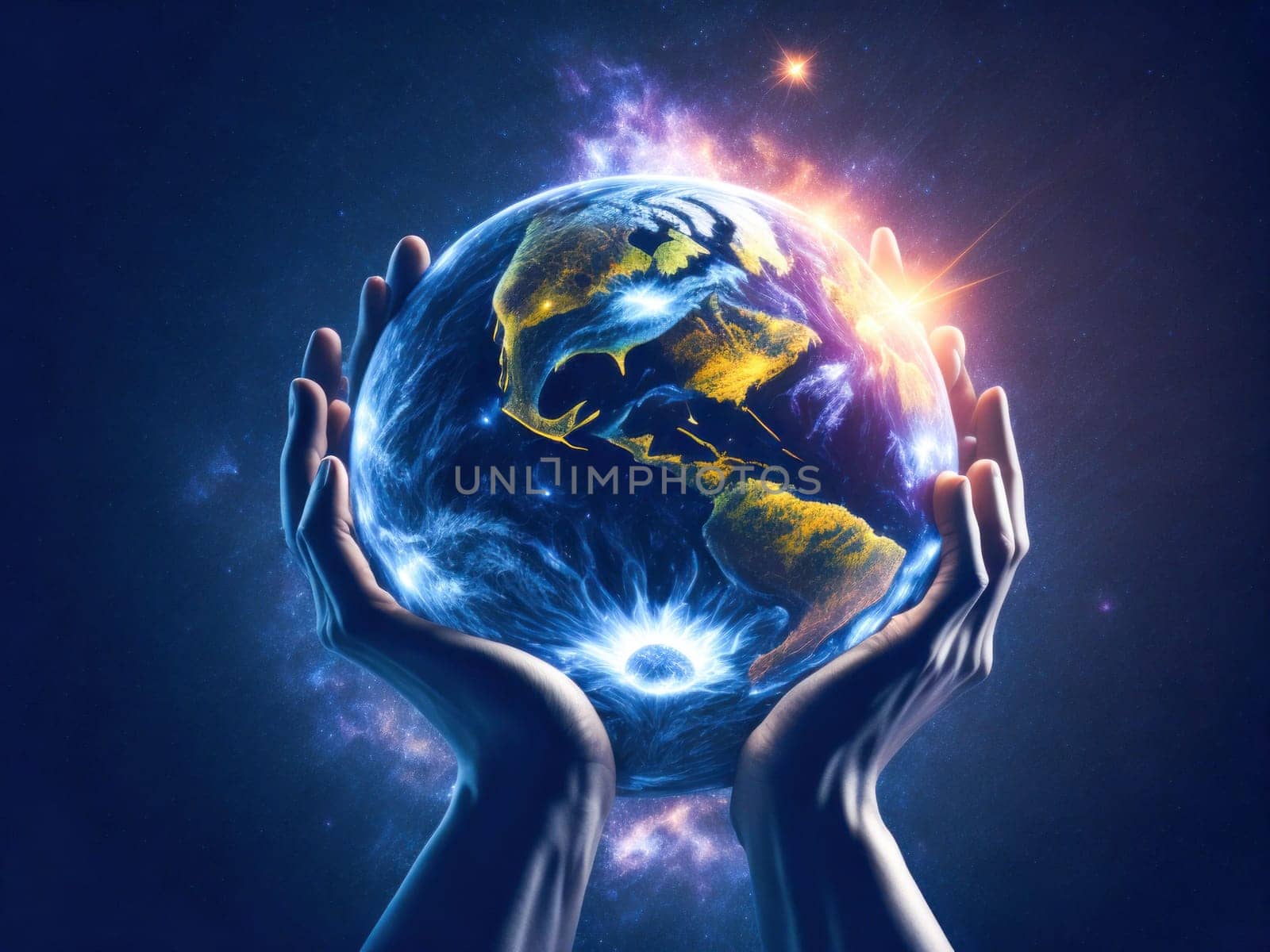 Small girl is holding the Earth. Save the planet. Earth Day. Future is in Their Hands. Generative Ai
