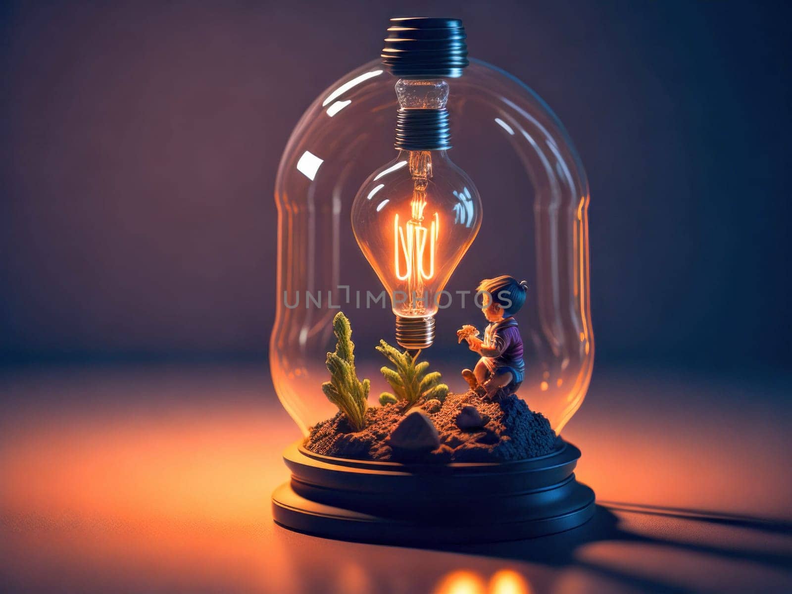 Eco friendly lightbulb with small child living inside, concept of isolated world. Concept of saving the world. Generative Ai