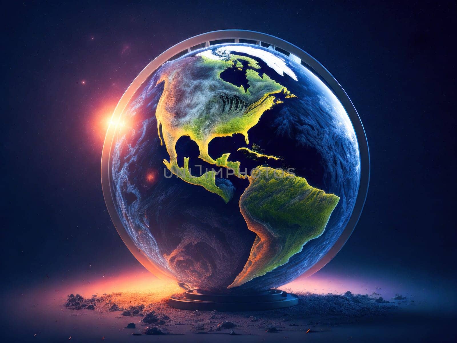Glowing Globe Planet Earth. World is in our hands. Blue Global Business. Generative Ai