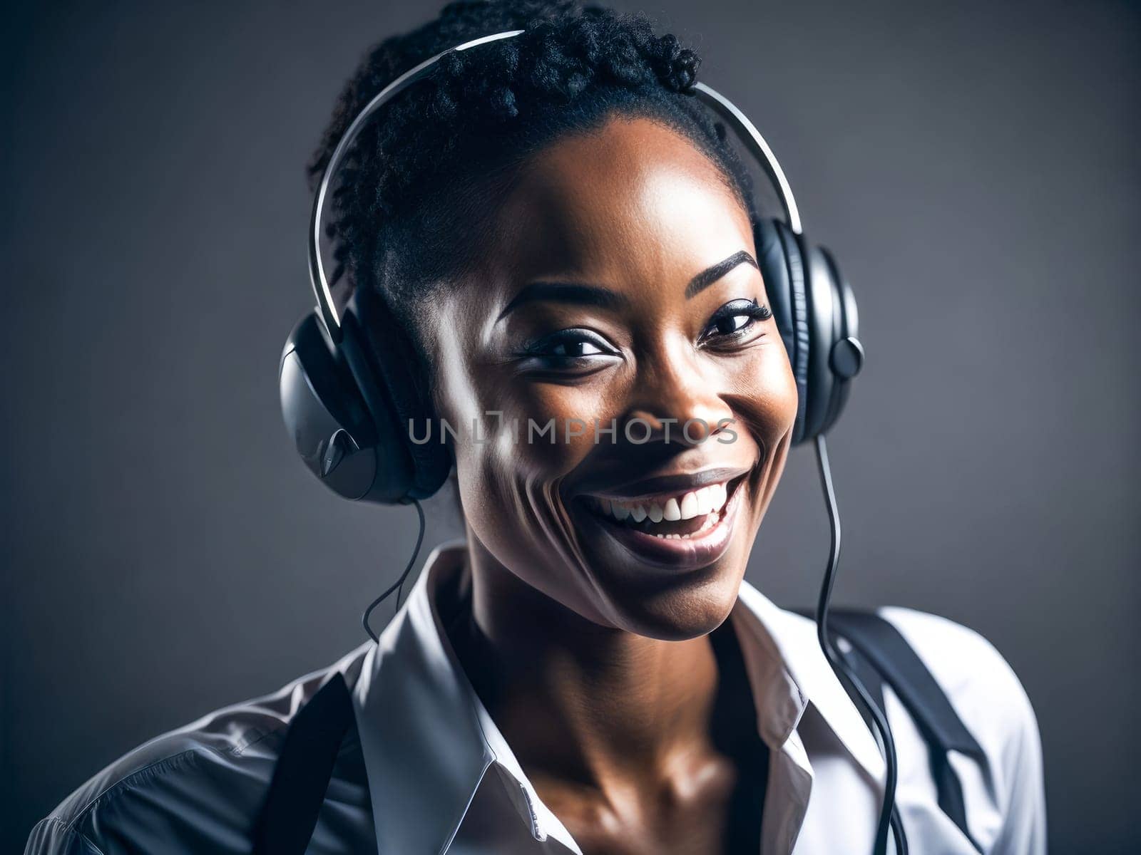 Smiling african american customer care representative working with headset in office. Black woman telemarketing agent working in call center. Generative Ai