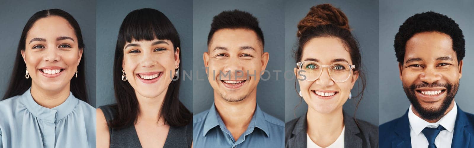 Collage, portrait and face of business people with smile, professional group and headshot on studio background. Diversity, employees and composite of happy corporate teamwork, global company or trust.