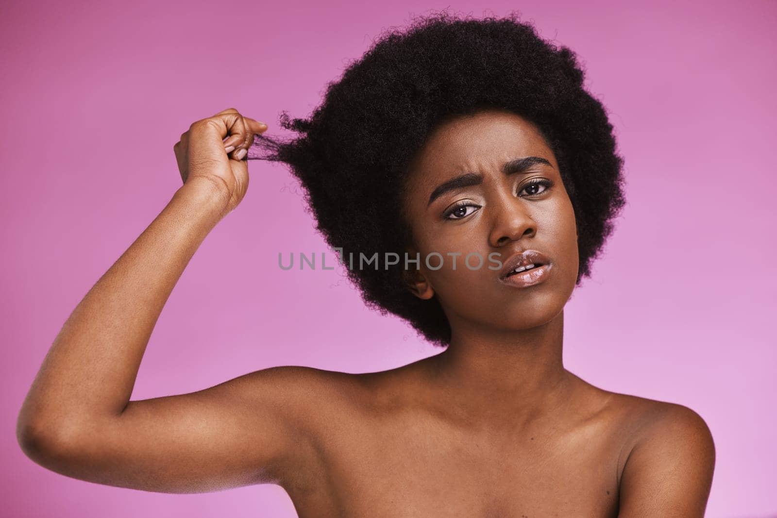 Afro hair, portrait and confused black woman in studio for grooming or treatment on purple background. Face, haircare and girl model unhappy with tangle, knot or texture after beauty routine isolated.