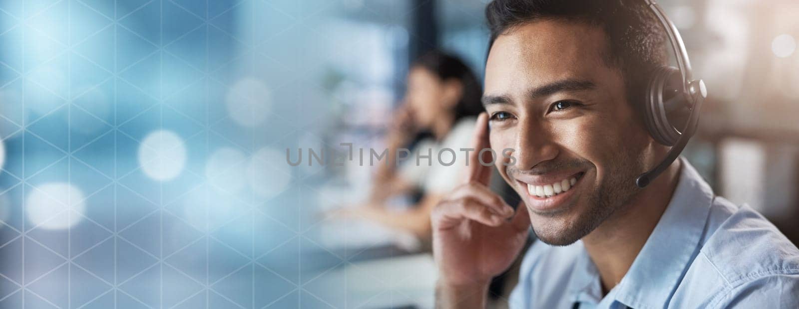 Contact us, mockup or man in a call center with a happy smile helping, talking or networking online. Face, crm or insurance agent in communication or conversation at customer services or sales office by YuriArcurs