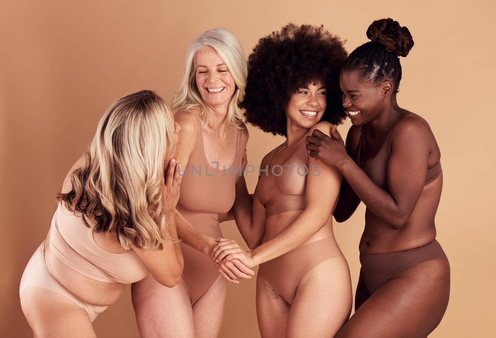 Diversity, lingerie and body positive people happy with shape size, self love and natural beauty on studio background. Women empowerment, solidarity and group of model girl friends with support care.