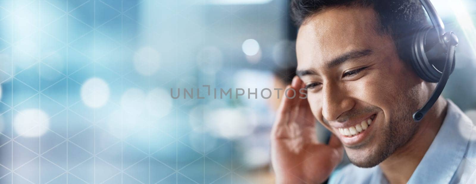 Crm, mockup or telemarketing consultant in a call center helping, talking or networking online. Bokeh, happy man or insurance agent in communication or listening at customer services or at desk job.