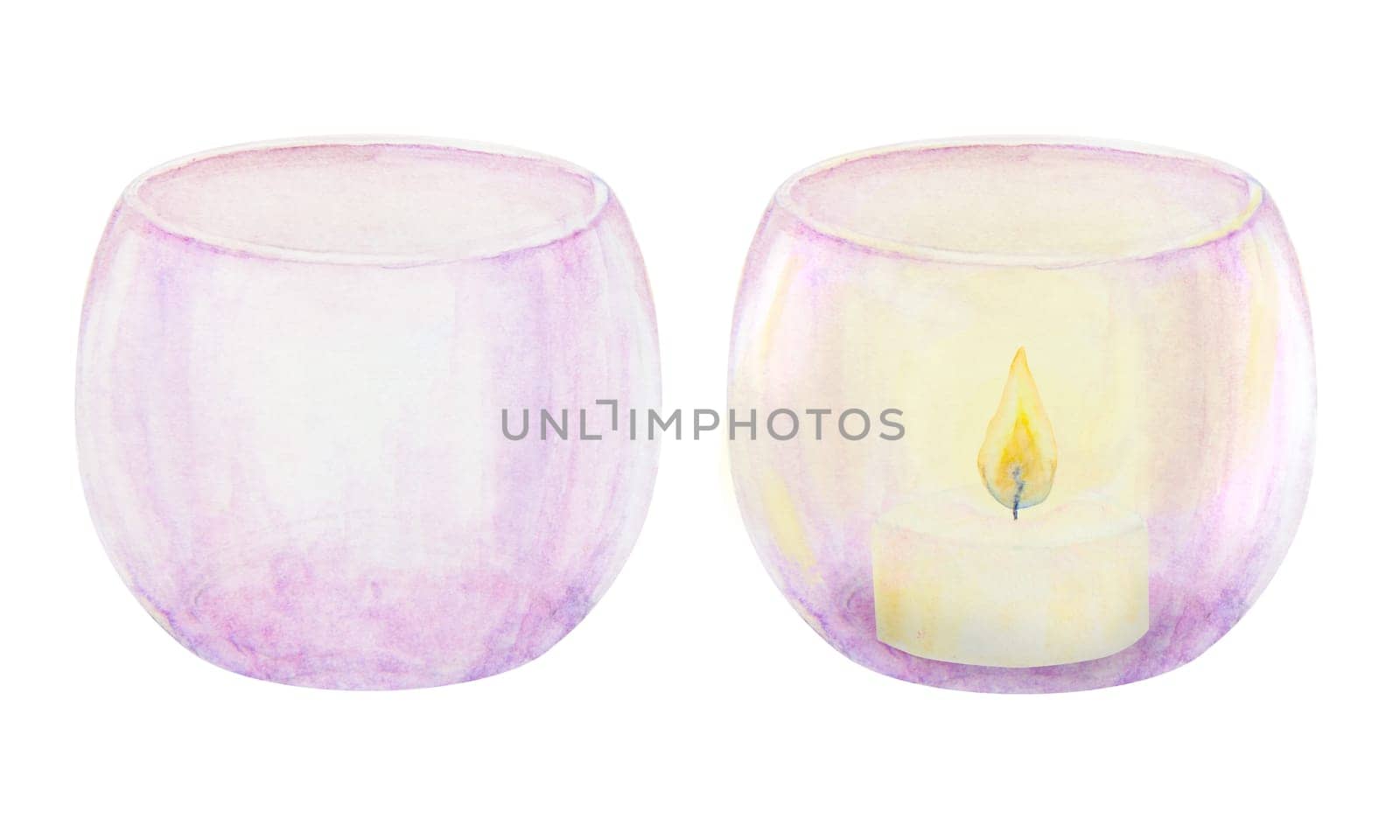 Set of violet glass candlestick and vase. Hand drawn watercolor illustration. Good for event, Christmas decoration, romantic, wedding designs by florainlove_art