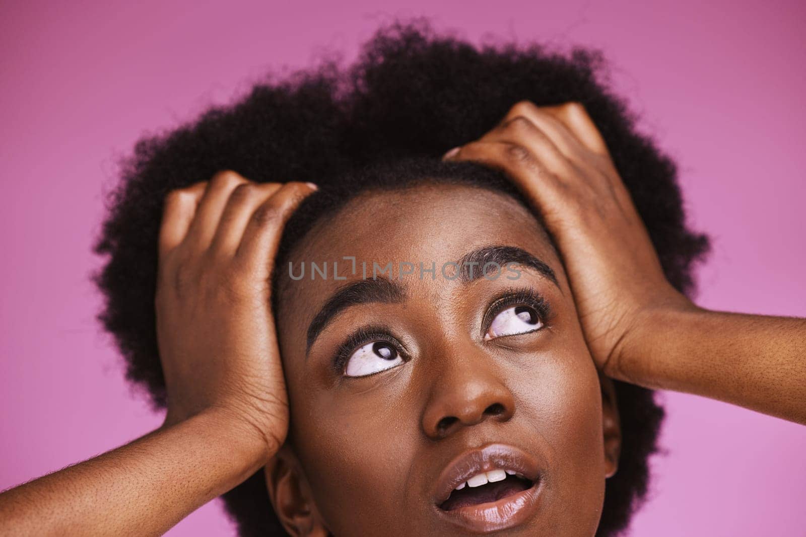 Black woman, thinking or afro hairstyle touch for beauty skincare ideas, growth texture maintenance or salon wellness. Zoom, face or natural hair for model vision, makeup or isolated pink background by YuriArcurs