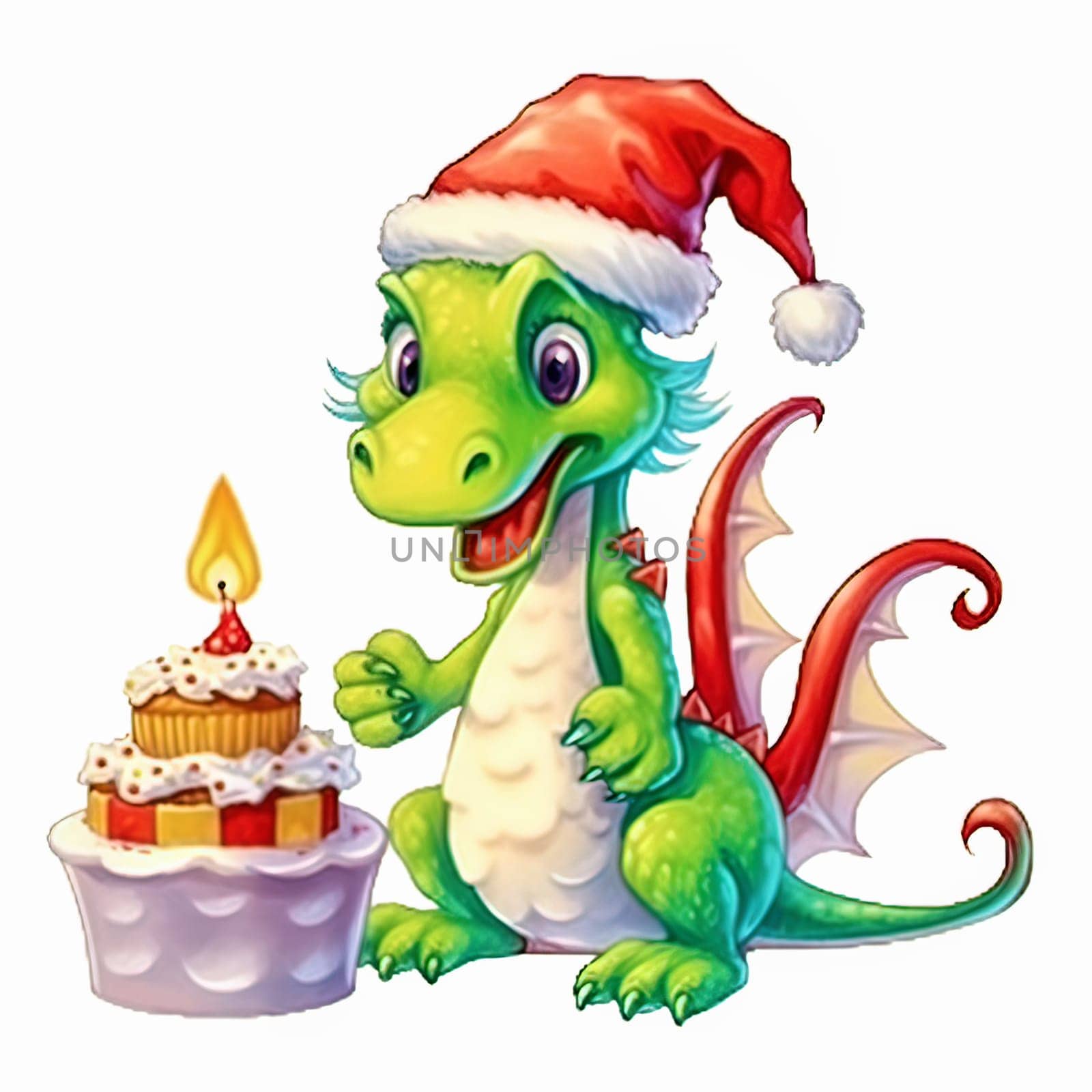 Illustration of a small green dragon in a red cap with a New Year's cake on a white background. Year of the dragon. New Year illustration. High quality illustration