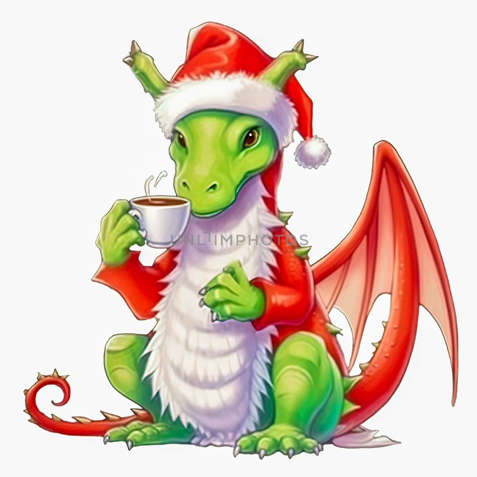 Illustration of a small green dragon in a red cap with a cup of coffee on a white background. Year of the dragon. New Year illustration. High quality illustration