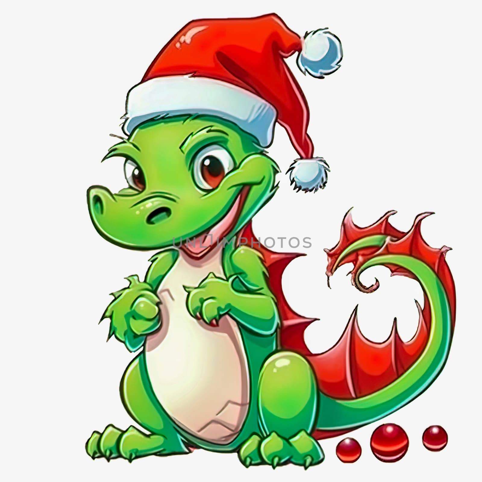 Illustration of a small green dragon in a red cap on a white background. Year of the dragon. New Year illustration. High quality illustration