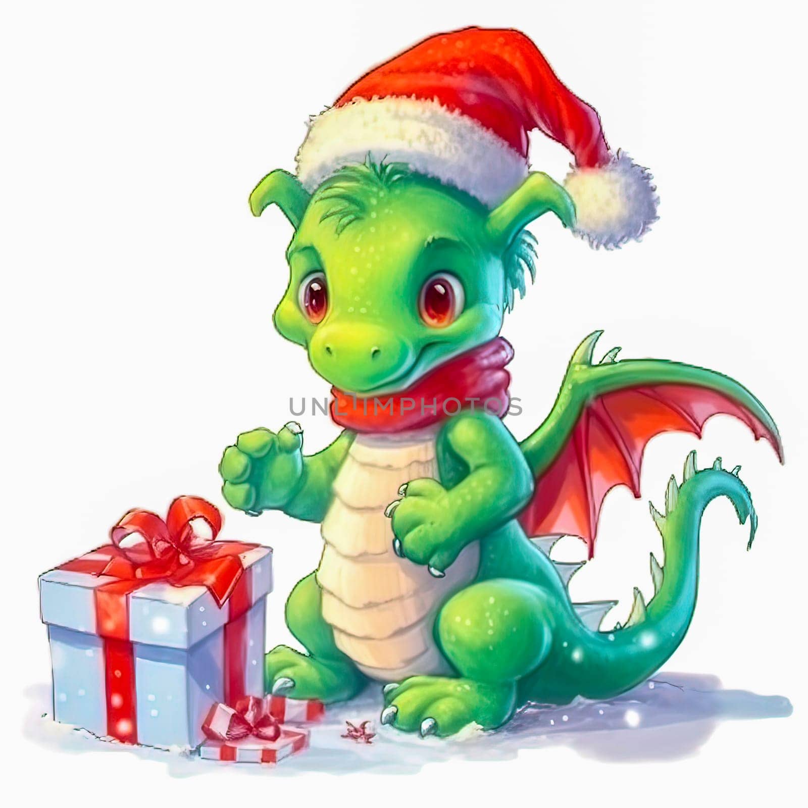 Illustration of a small green dragon in a red cap with a New Year's gift on a white background. Year of the dragon. New Year illustration. High quality photo