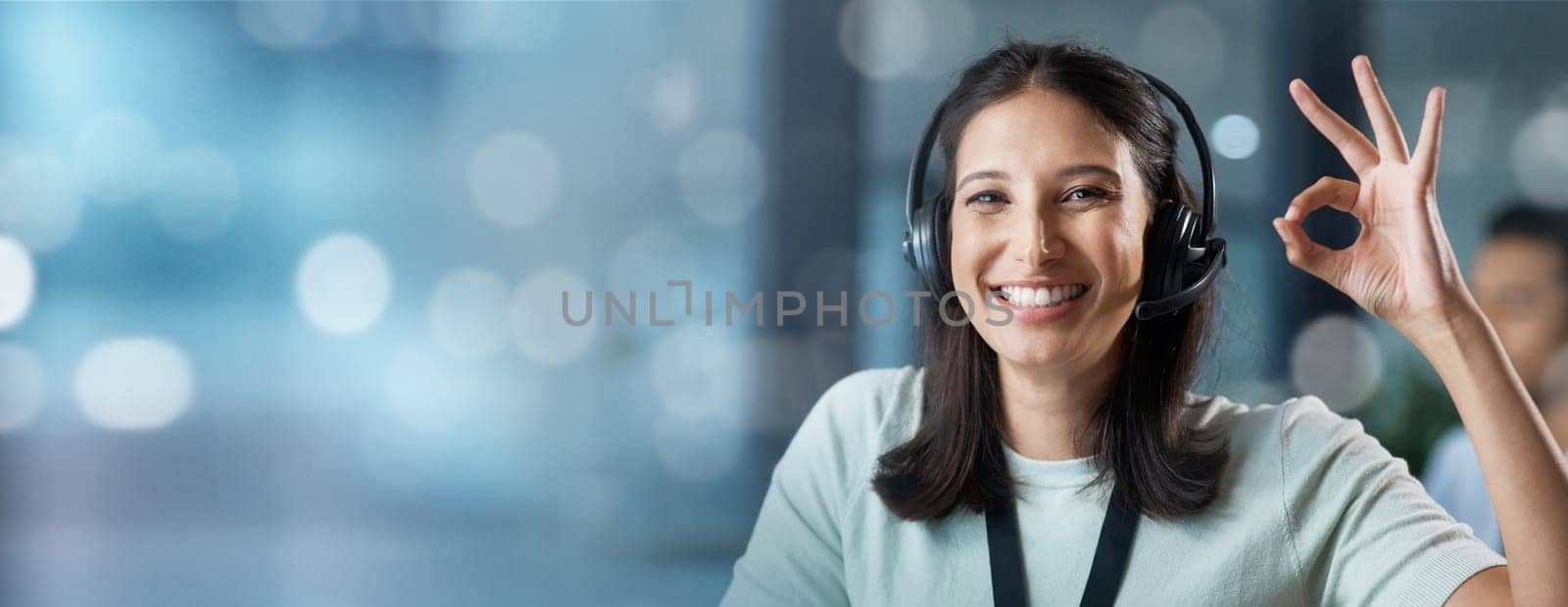 Portrait, mockup or happy consultant in a call center helping, talking or networking online with success. Ok hand gesture, woman or insurance agent in communication at customer services or sales job.
