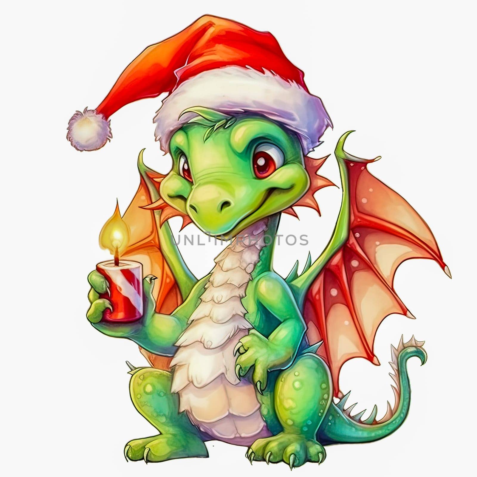 Illustration of a small green dragon in a red cap with a Christmas candle on a white background. Year of the dragon. New Year illustration. High quality illustration