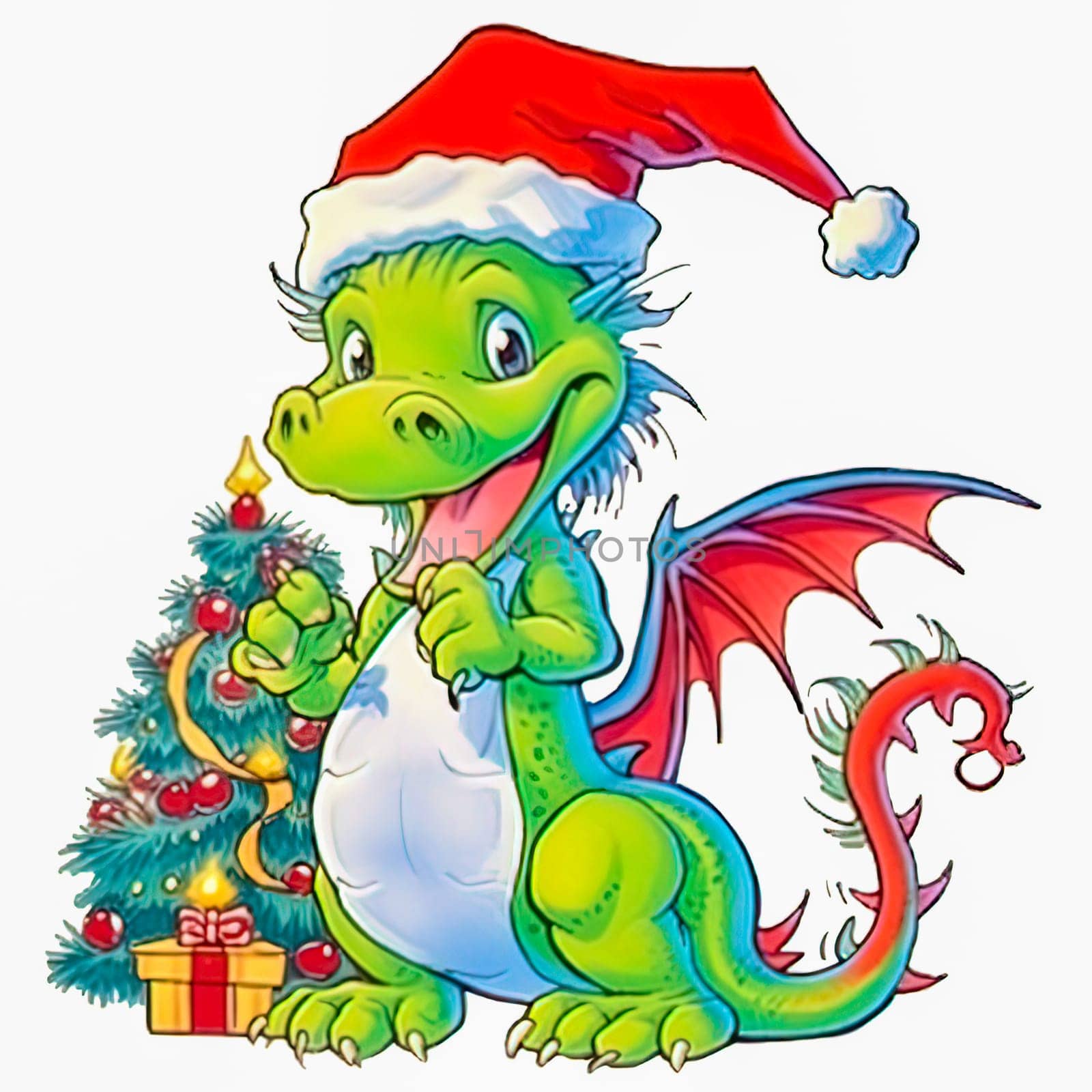 Illustration of a small green dragon in a red cap with a Christmas tree and presents on a white background. Year of the dragon. New Year illustration. High quality illustration