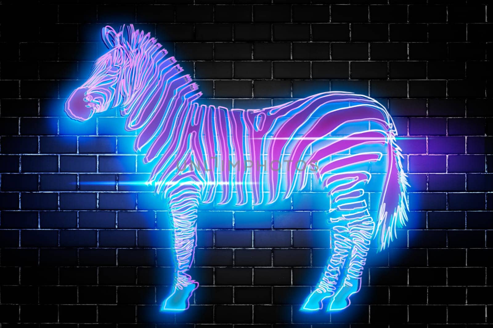 Zebra neon, multicolored portrait of zebra on a dark background