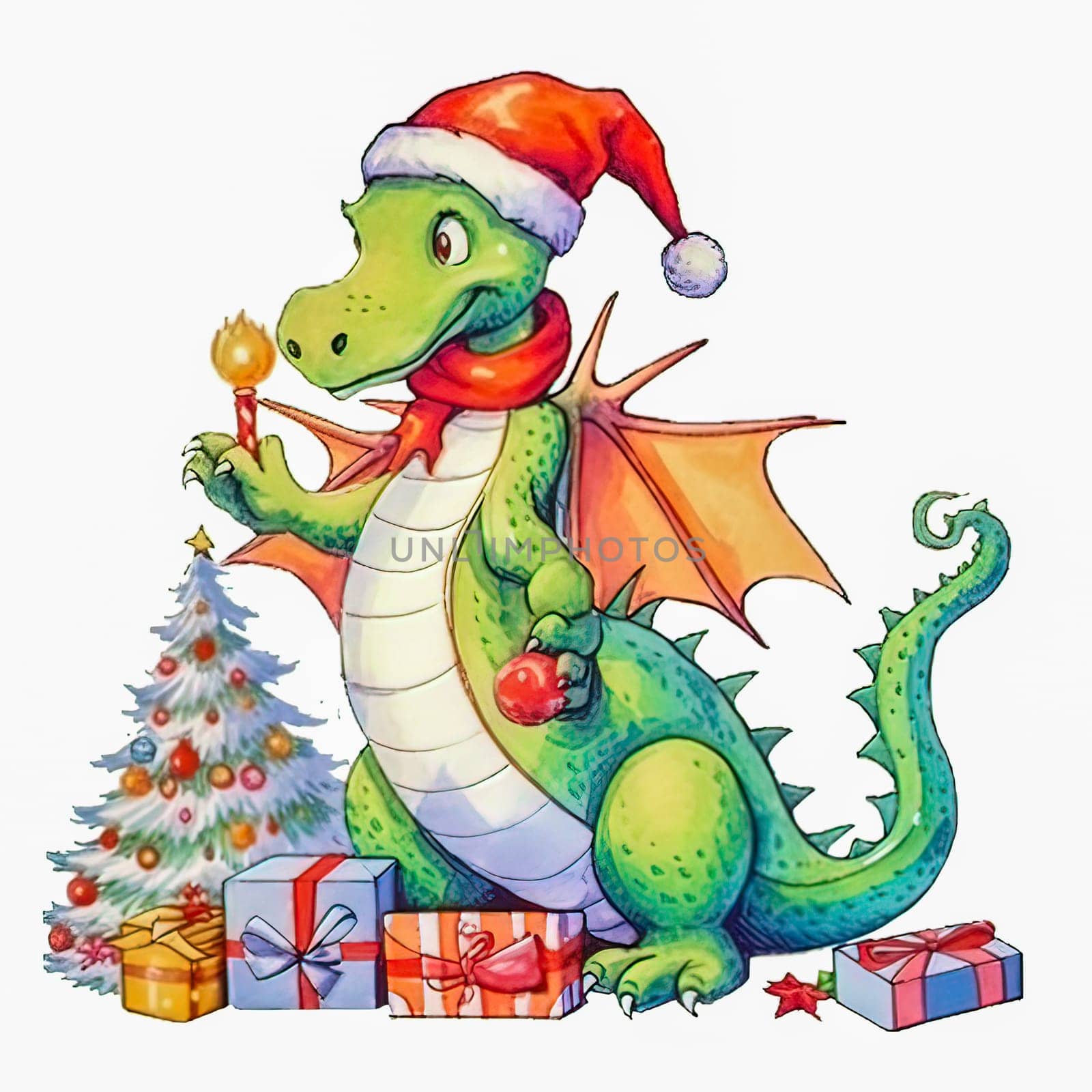 Illustration of a small green dragon in a red cap with a Christmas tree and presents on a white background. Year of the dragon. New Year illustration. High quality illustration