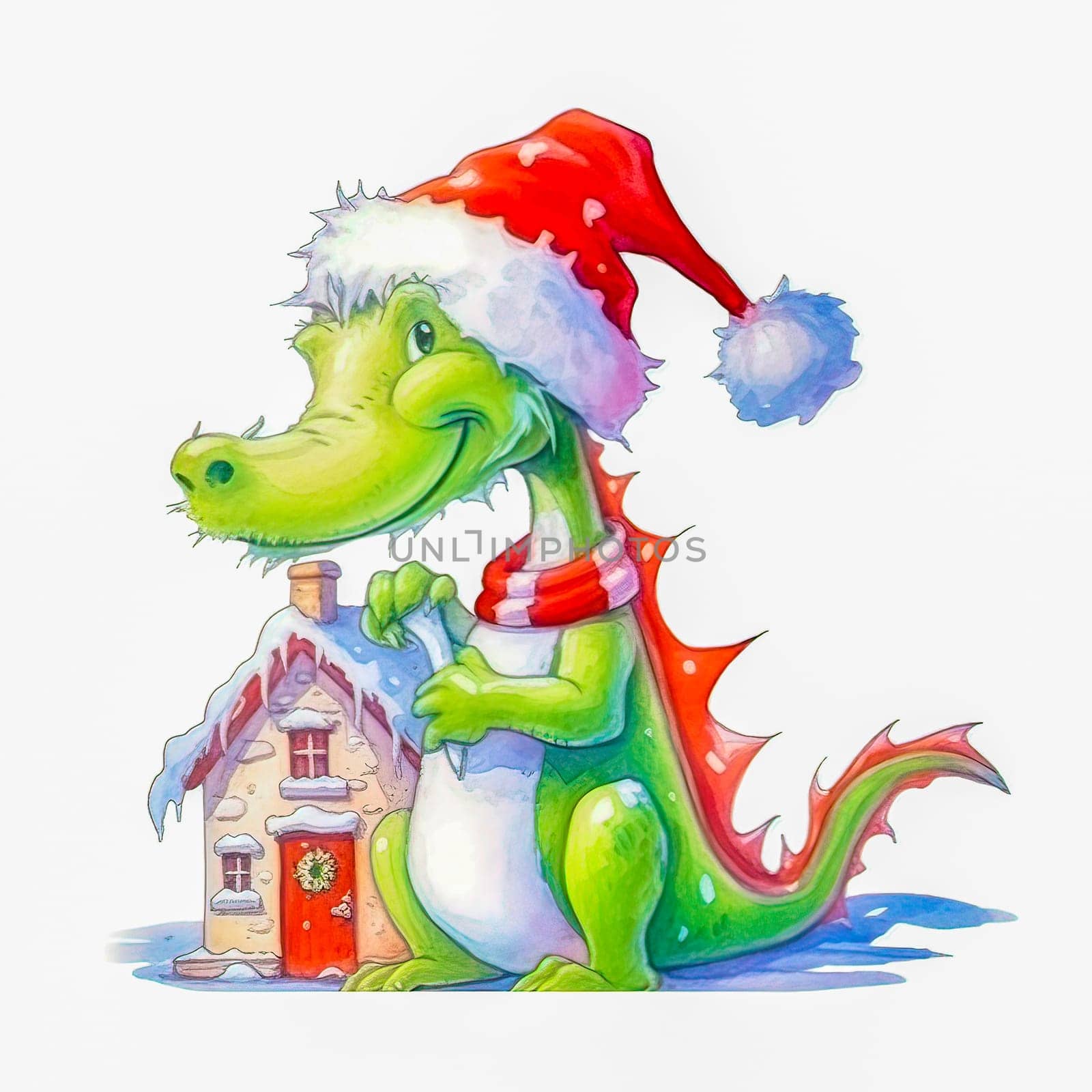 Illustration of a small green dragon in a red cap with a Christmas house on a white background. Year of the dragon. New Year illustration. High quality illustration
