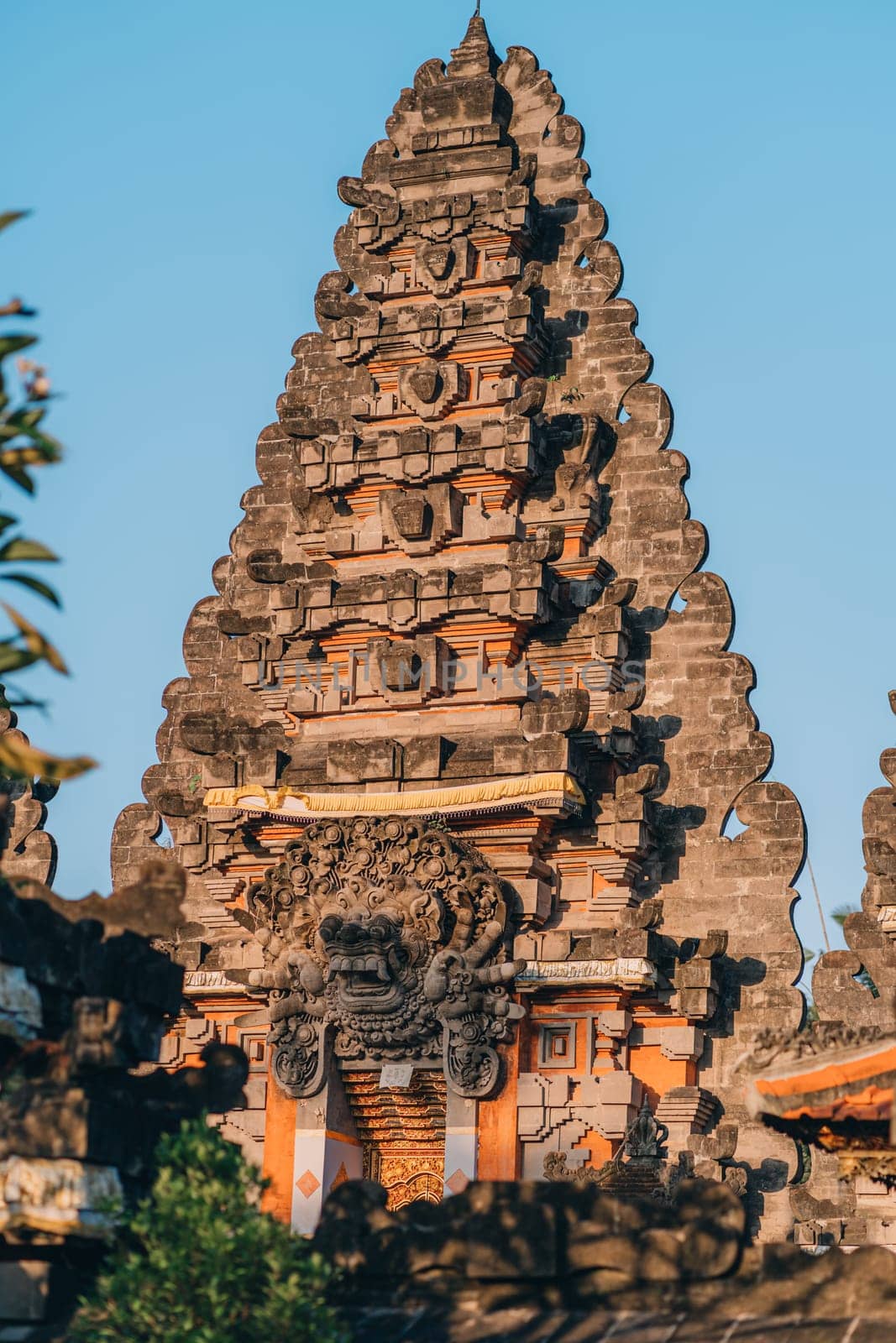 Close up shot of bali temple on sky background. Indonesian architecture of holly pura temple